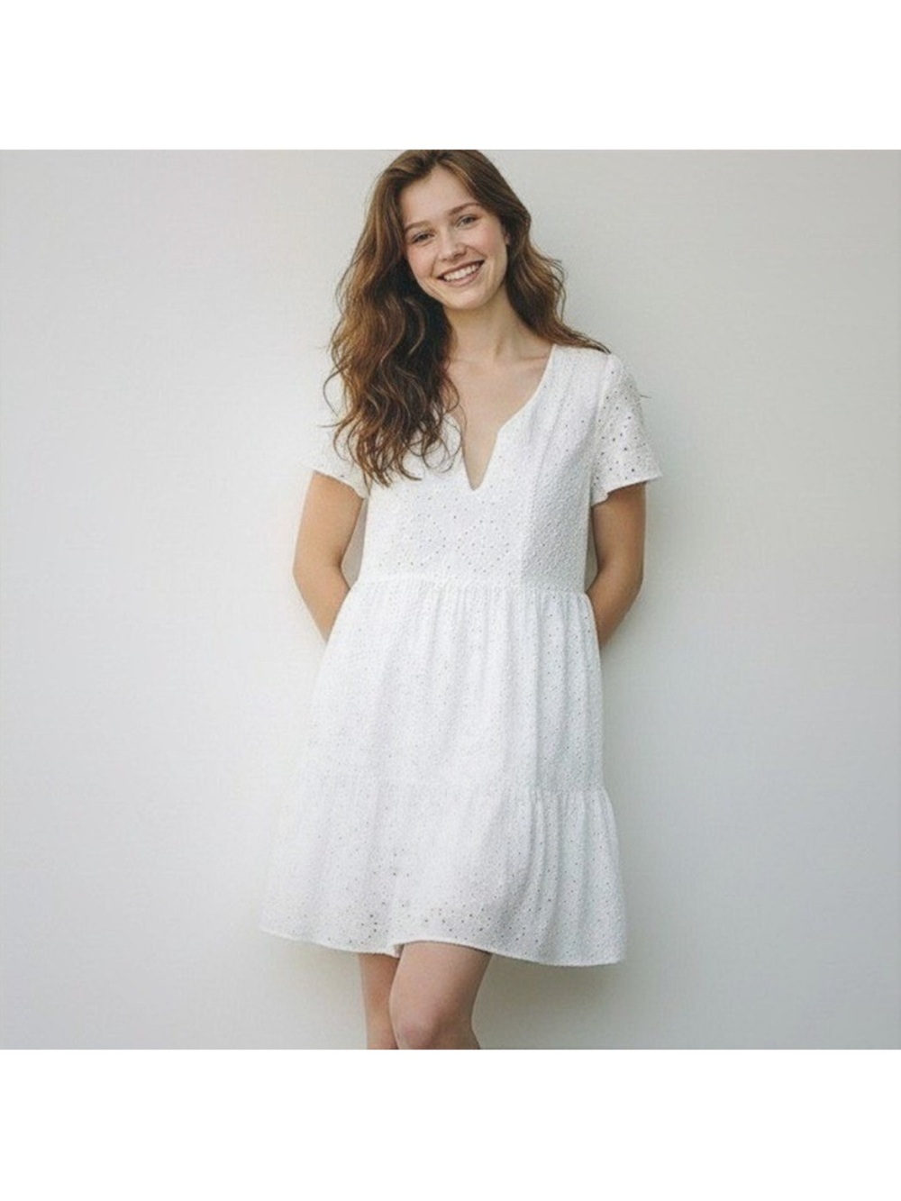 Knox Rose White Eyelet V-Neck Tiered Mini Dress